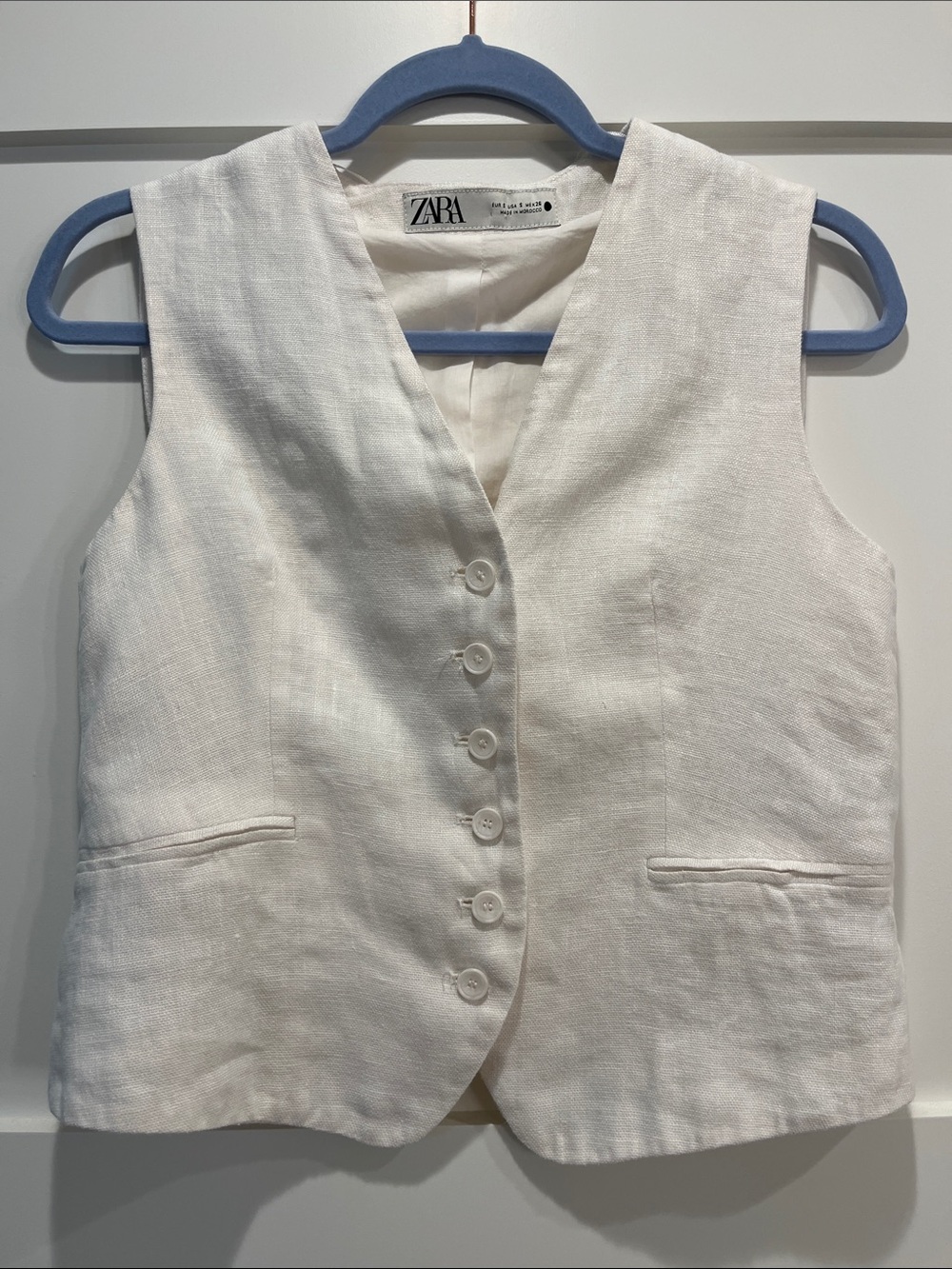 ZARA White 100% Linen Button Vest Small Excellent Condition